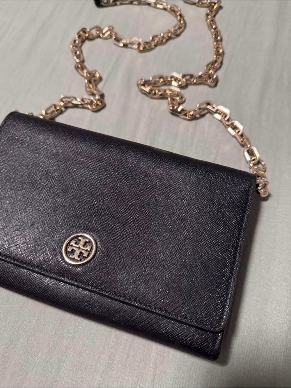 Tory Burch Black Saffiano Leather Chain Crossbody with Gold Hardware